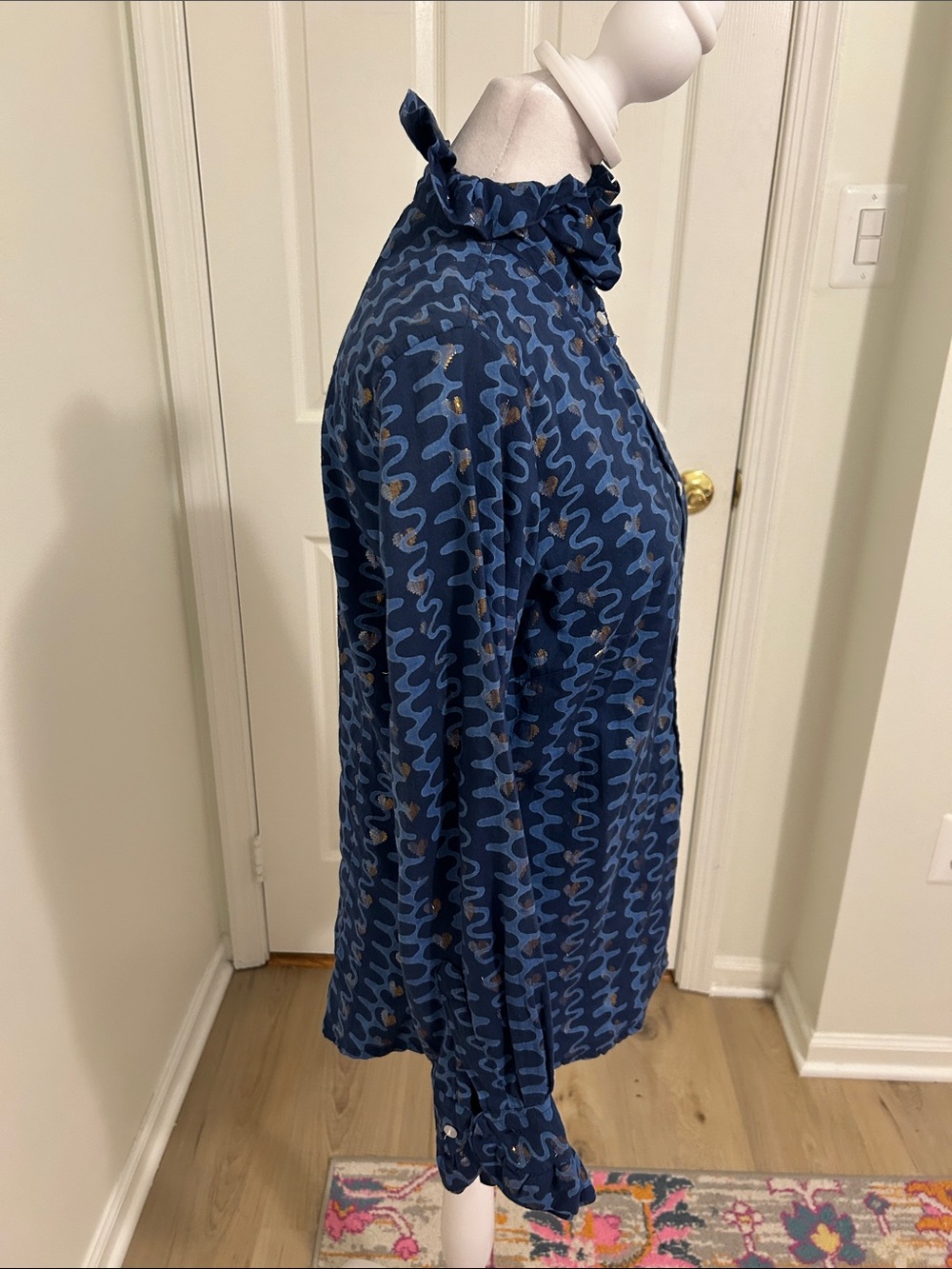 Oliphant Zig Zag Metallic Heart Button Down Cotton Blouse Size Small Nomad Blue - Picture 6 of 7